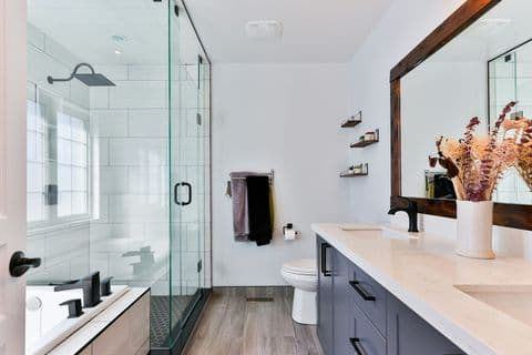 Frameless glass shower enclosure in a premium bathroom
