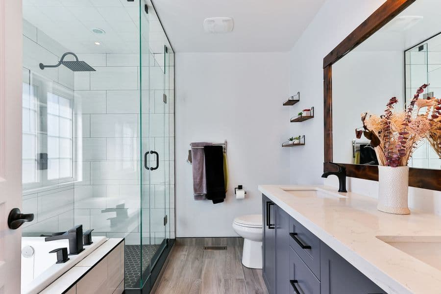 Frameless glass shower enclosure in a premium bathroom