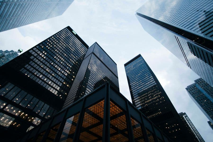 Glass skyscraper towers seen from below